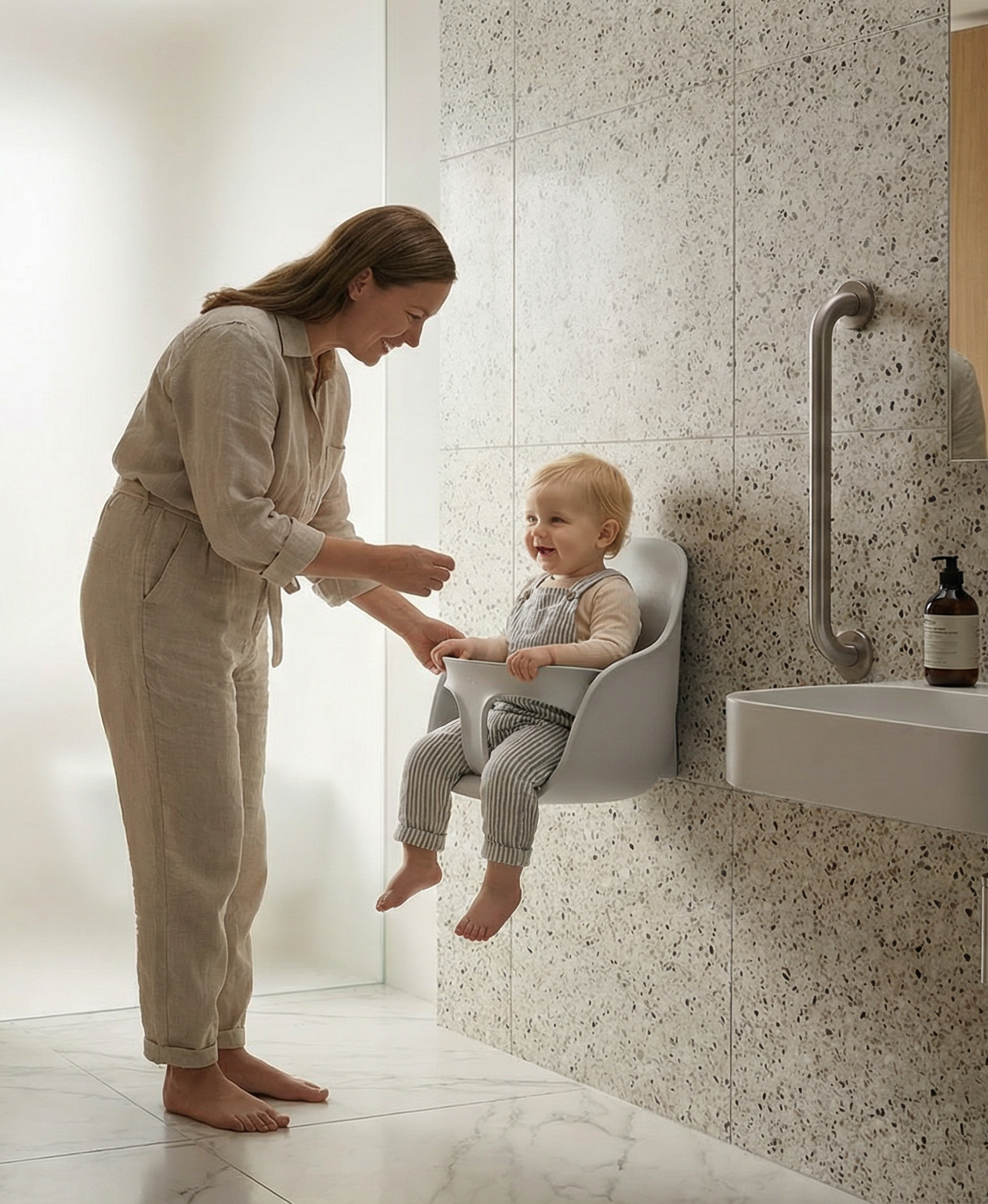 Mother and child using Baby Keep in a modern, minimalist bathroom